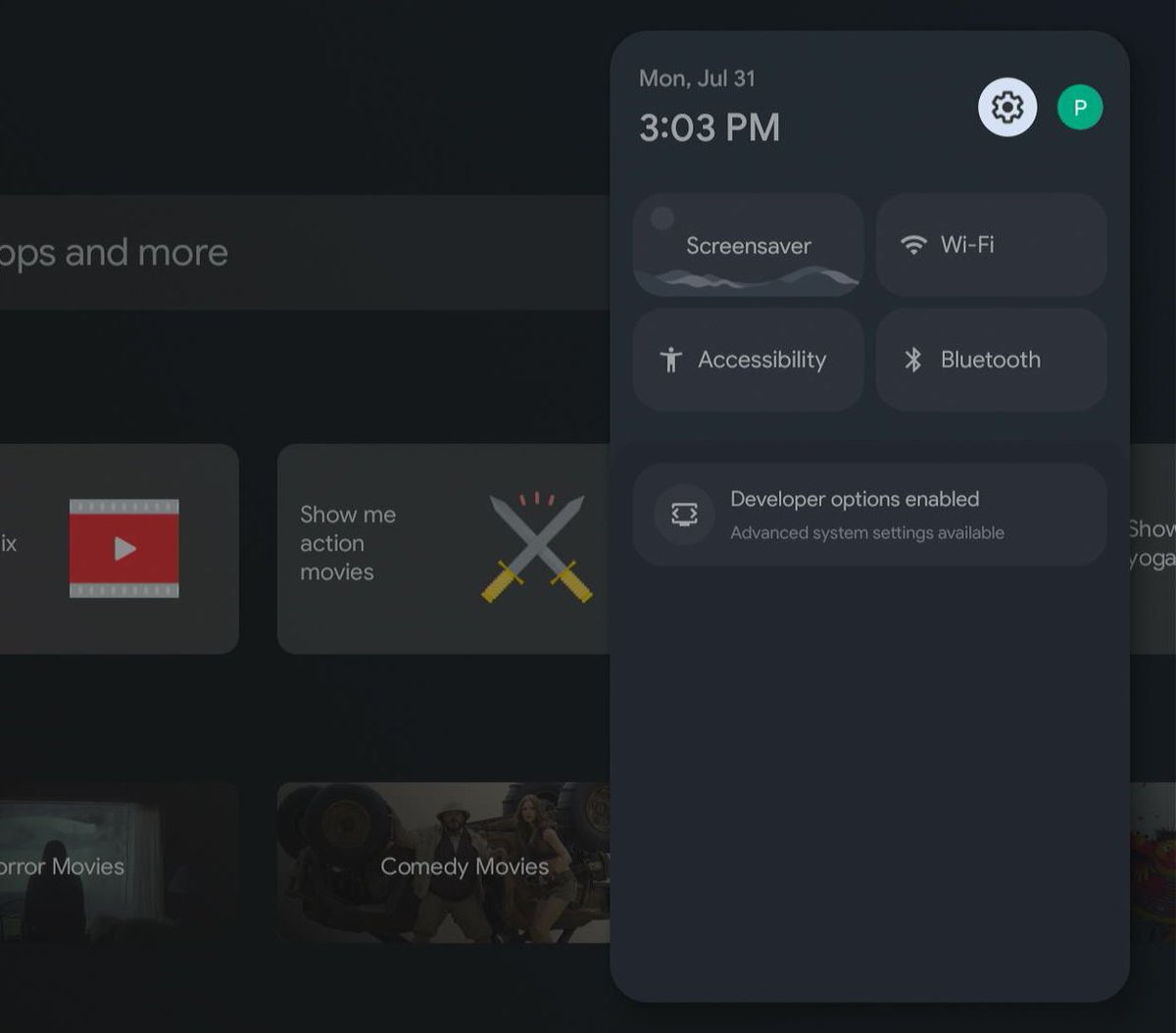 settings icon at the top right corner of a chromecast with google tv is highlighted
