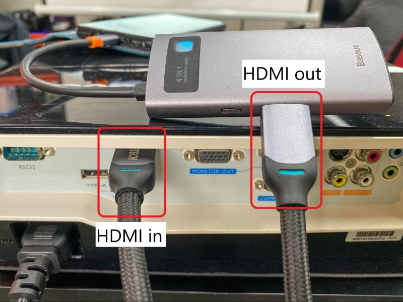 use an HDMI cable to connect the USB-C to HDMI adapter to the BenQ projector