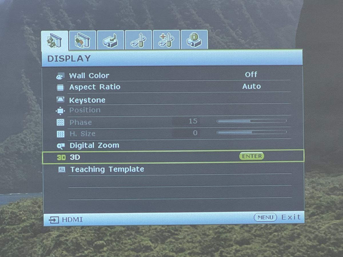 3D feature is being selected from the Display settings from the BenQ projector