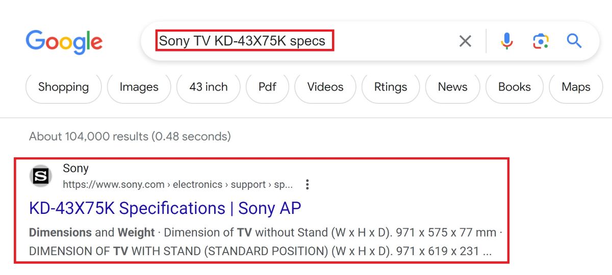 A Sony TV KD-43X75K on the Google search with the result highlighted in a red box