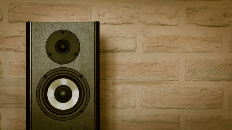 A black speaker with a woody background