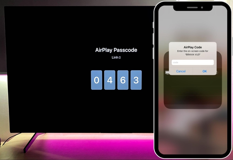 Airplay Passcode shows on a TV screen to input on the iPhone