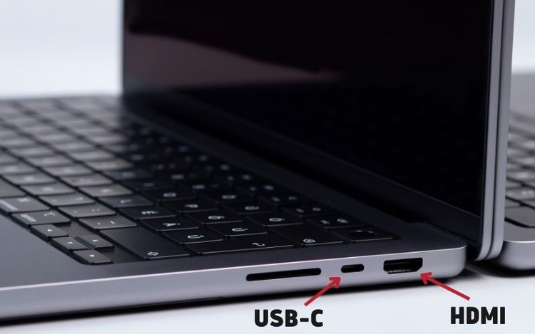 An Apple Macbook Pro with USB-C port and HDMI port