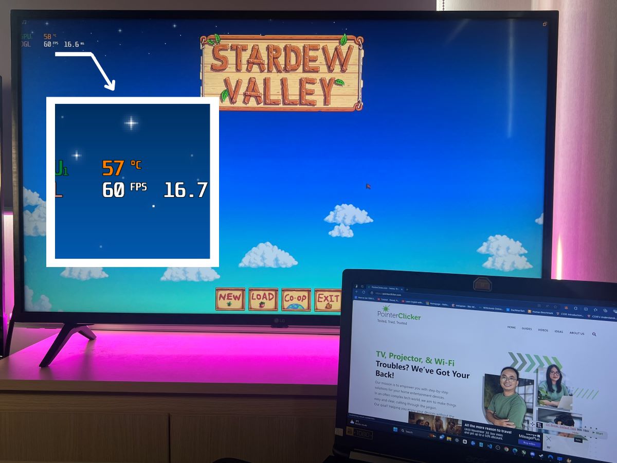 An Asus laptop is connected to a LG TV and playing game while show the FPS on the left corner