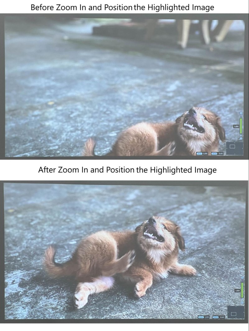 Before and After Zooming In and Positioning the Highlighted image on the BenQ projector