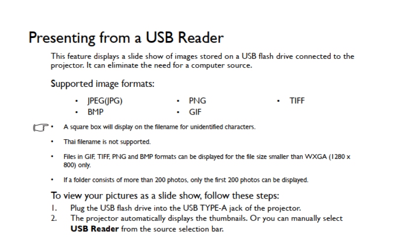 BenQ projector manual page about Presenting from a USB Reader