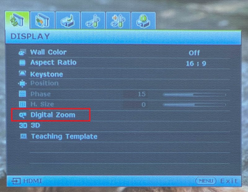 Digital Zoom in BenQ projector Display menu