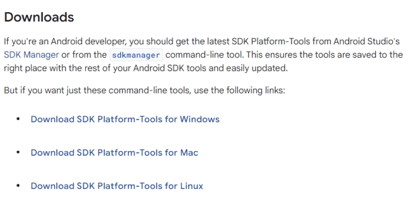 Download screen of SDK Platform Tools