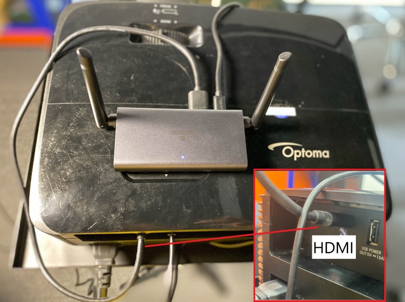 HDMI Wireless Receiver is connected to Optoma projector via HDMI cable