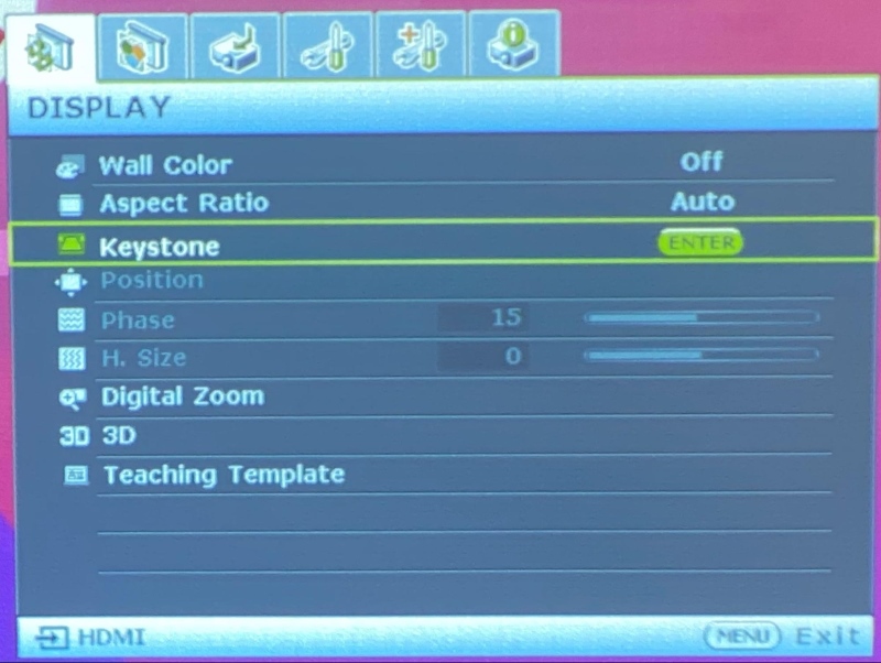 Keystone option in BenQ projector Display settings menu