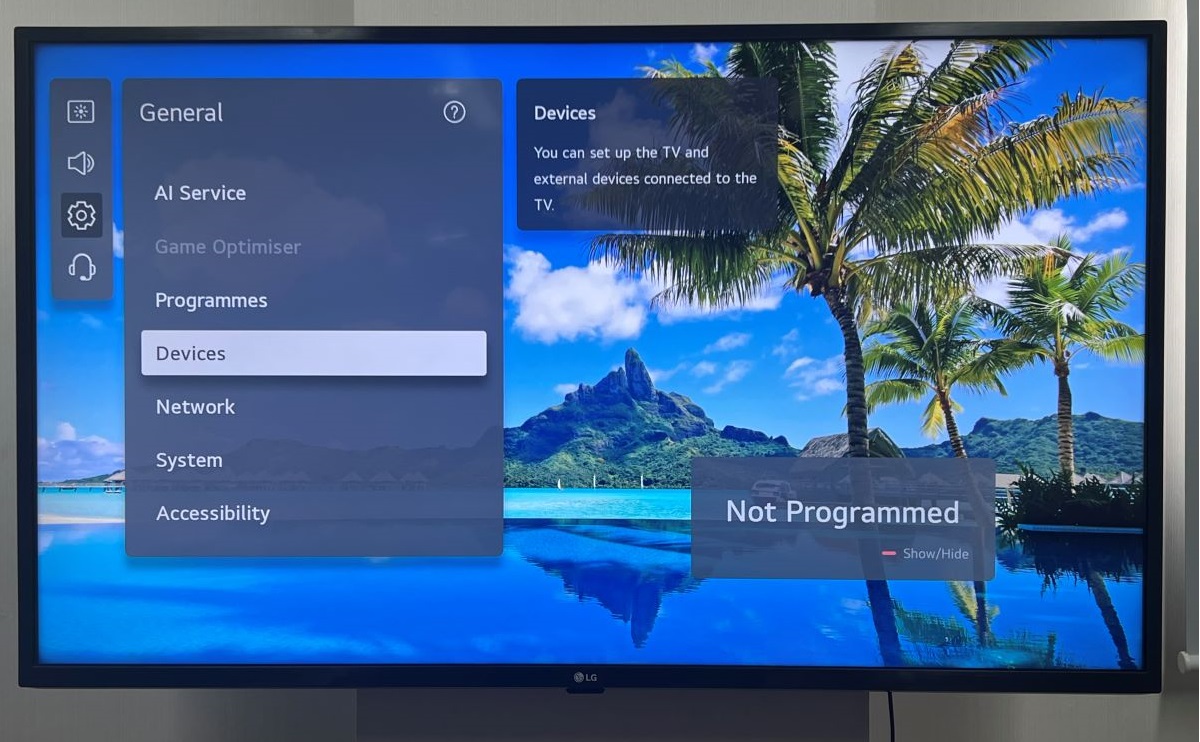 LG TV with the general settings is selecting Devices option