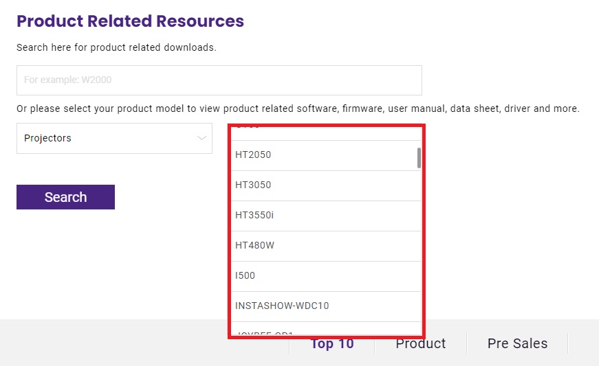 List of the projector model from BenQ's website