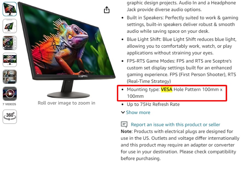 Mounting type information indicating VESA compliant of a Sceptre monitor on Amazon page