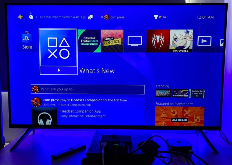 PS4 home screen showing on a Samsung smart TV