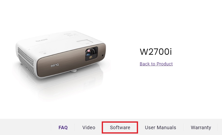 Projector BenQ model W2700i and the Software section is being highlighted on BenQ's website