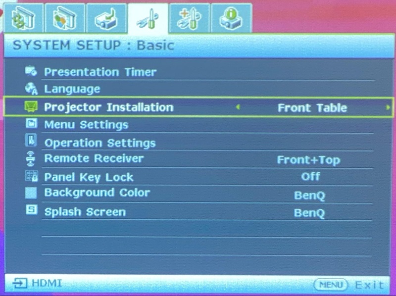 Projector Installation option in BenQ projector System Setup Basic menu