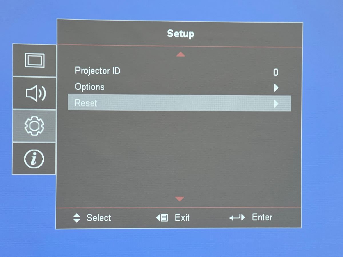 Reset option from the Optoma projector menu