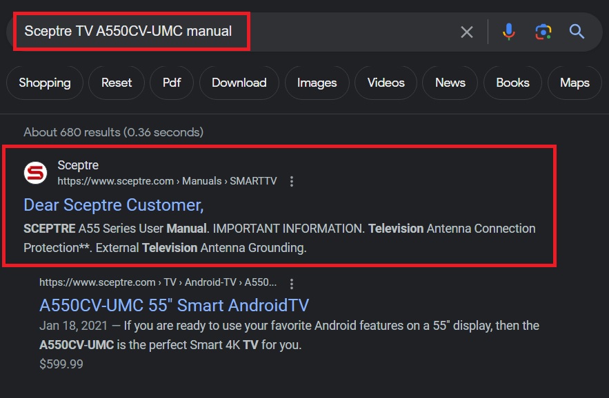 Sceptre TV A550CV-UMC manual is being typed on Google search engine and the first result is the actual manual of the model