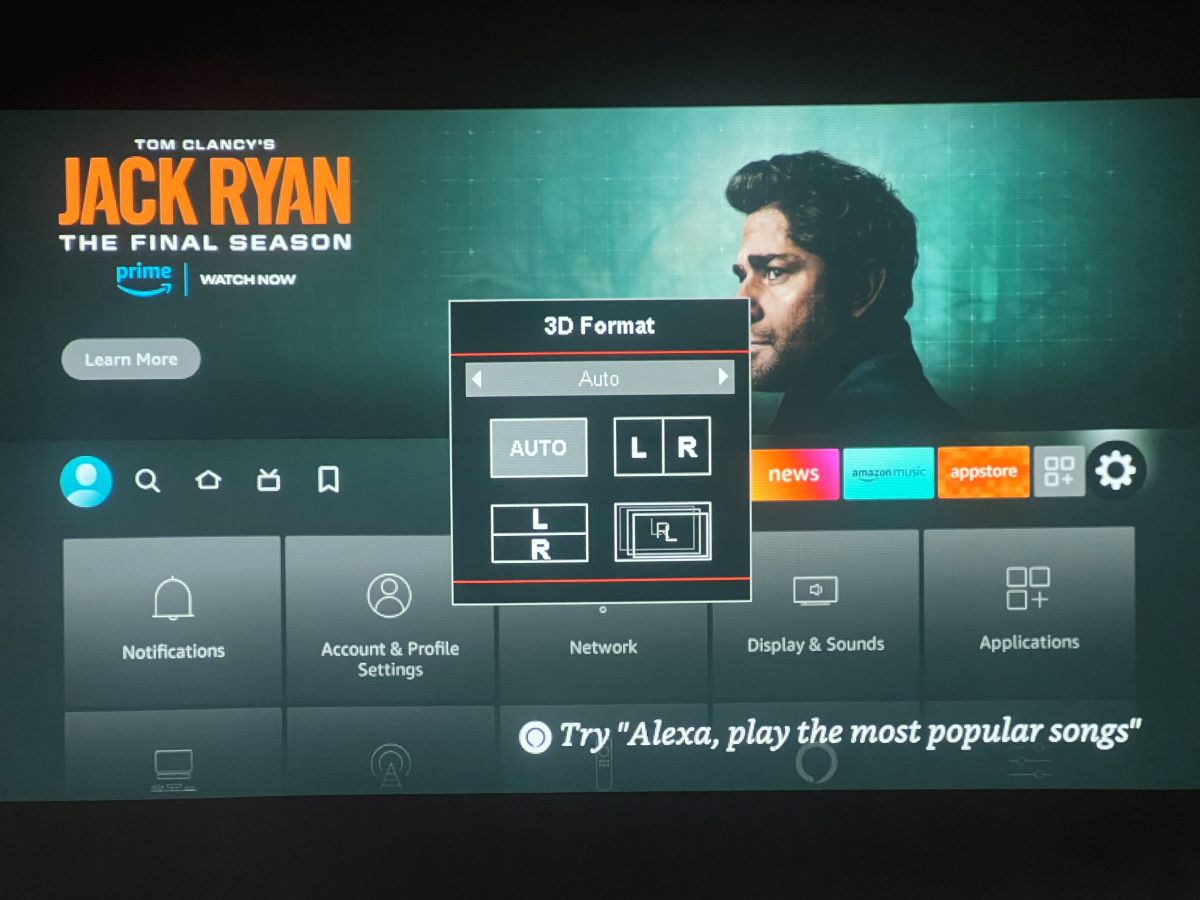 Selecting 3D format from the 3D menu on the Optoma projector while using Fire Stick