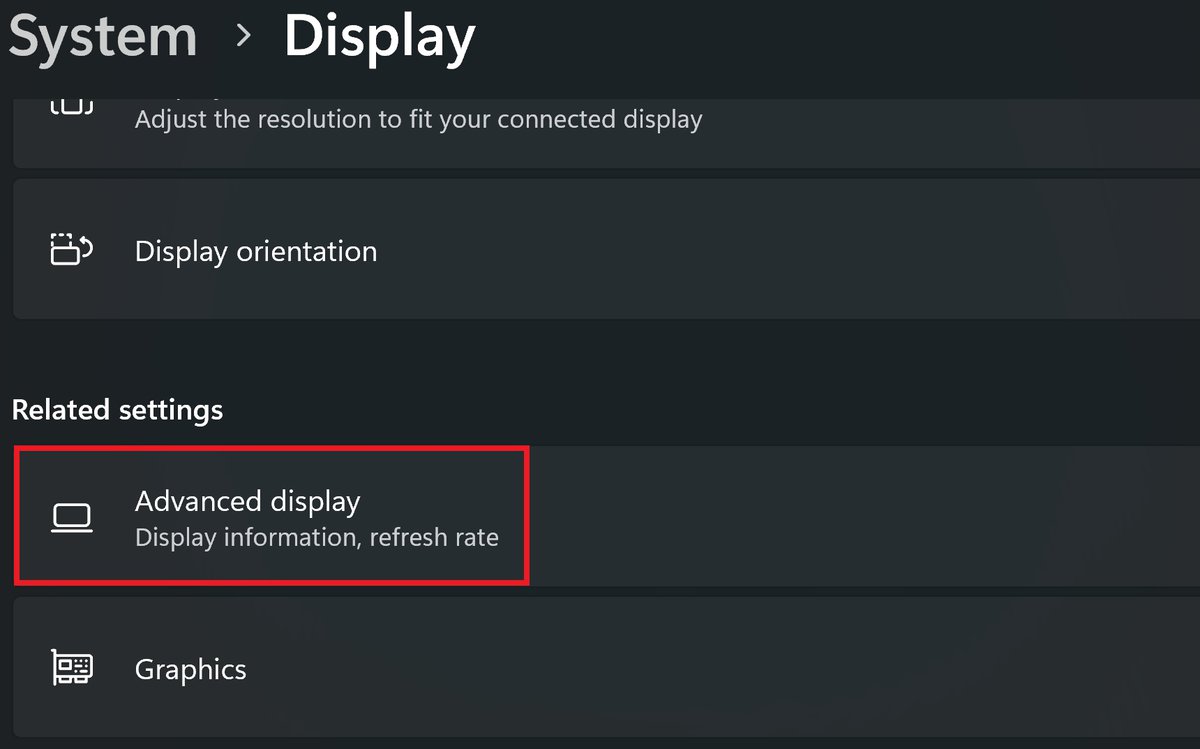 The Advanced display option from the Display on Windows