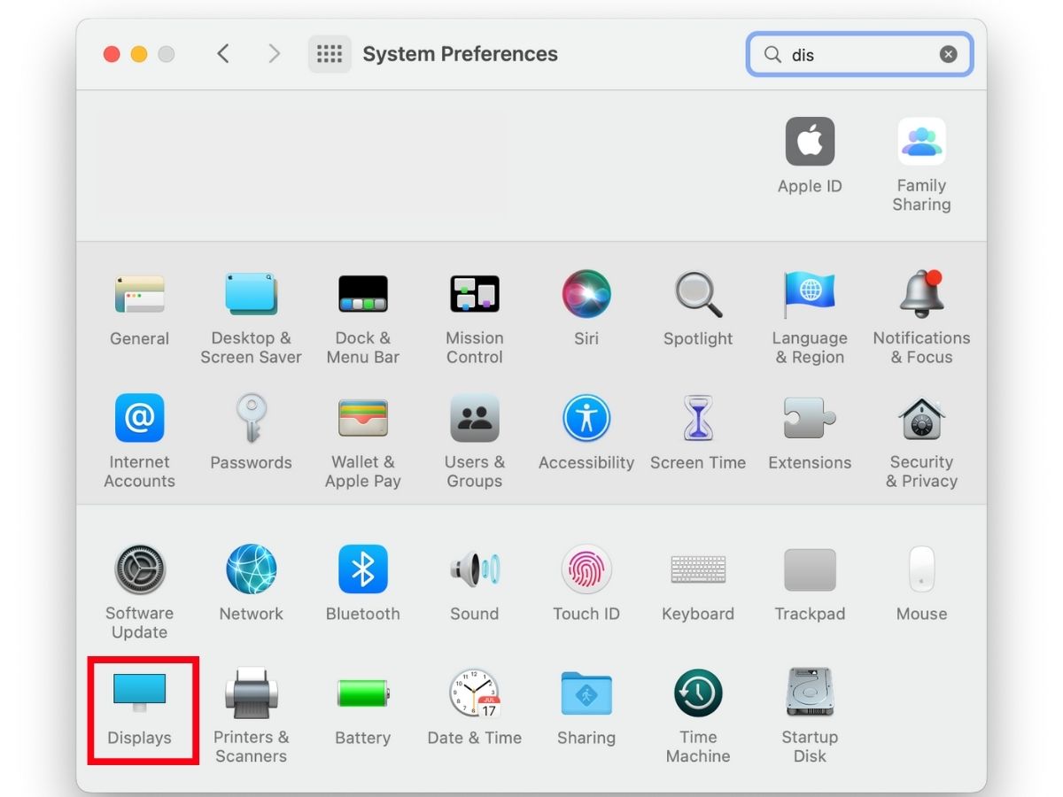 The Displays feature from the System Preferences