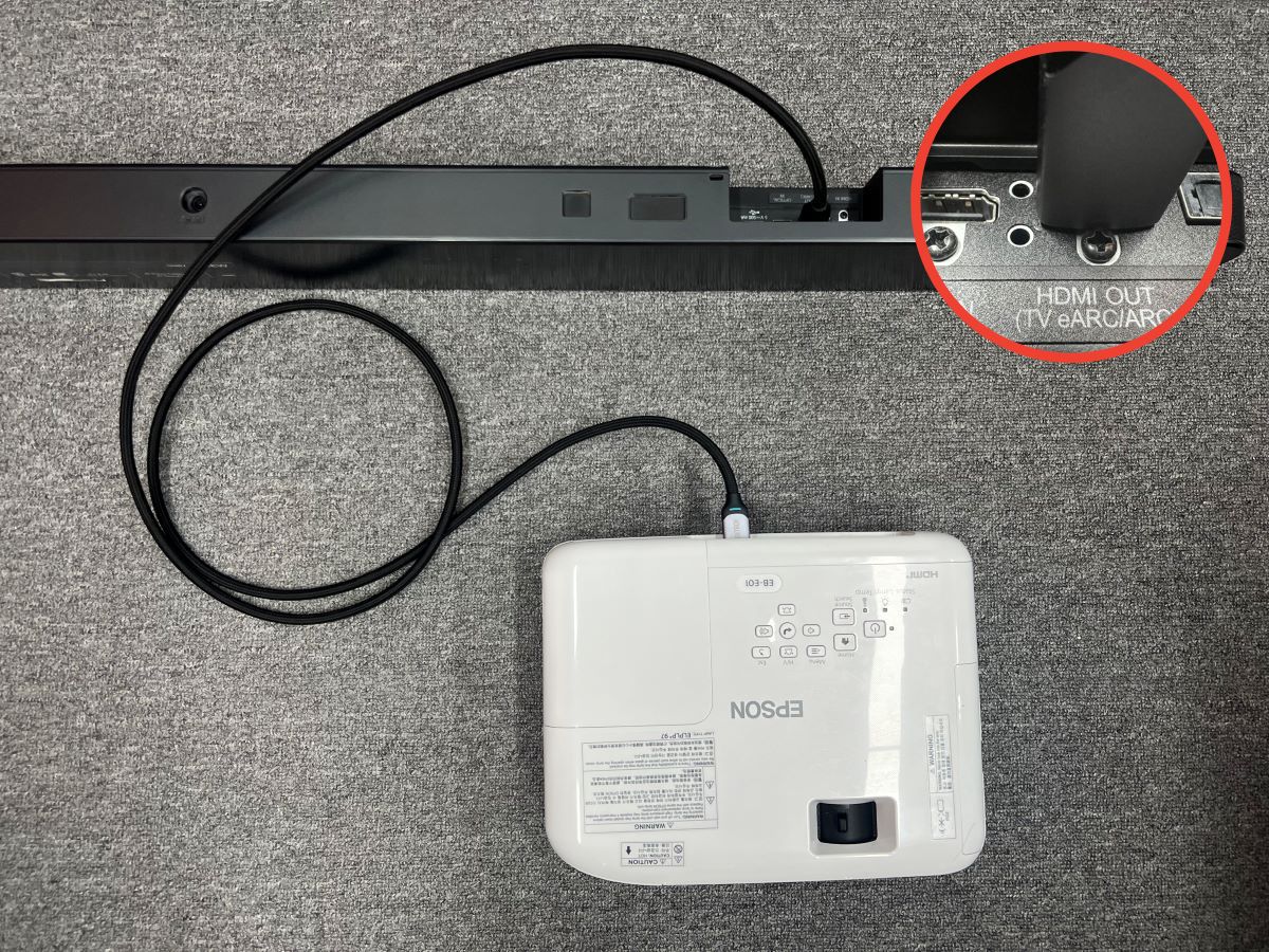 The Epson projector is connected with a soundbar using HDMI ARC or eARC