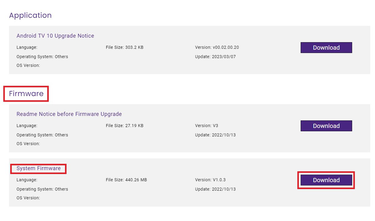 The Firmware section and the System firmware section is highlighted with red boxes also the download button is being highlighted