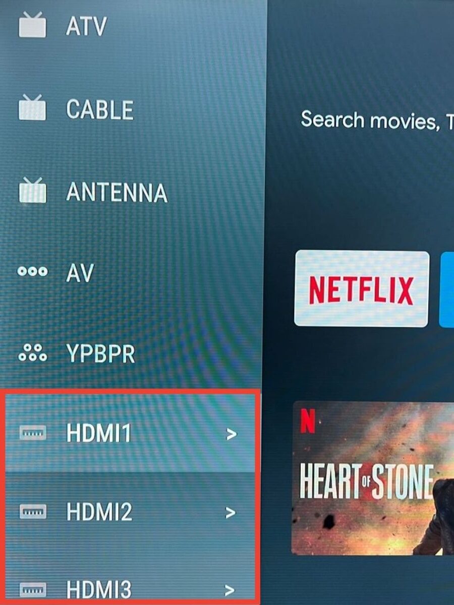 The HDMI 1 to 3 from the Android TV is being highlighted with a red box