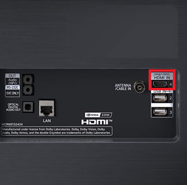 The HDMI in port from the back of the TV is highlighted with a red box