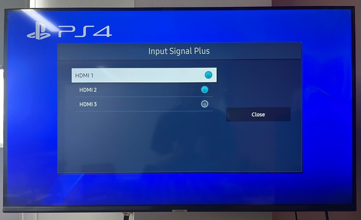 The HDMI input 1 and 2 are being selected to enable HDR when the PS4 is plugged into the Samsung TV