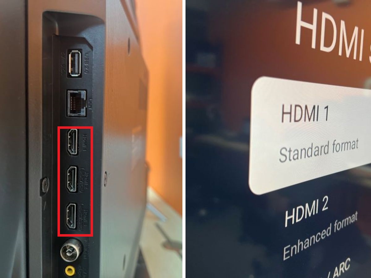 The HDMI ports with the other ports on TCL TV with an orange background