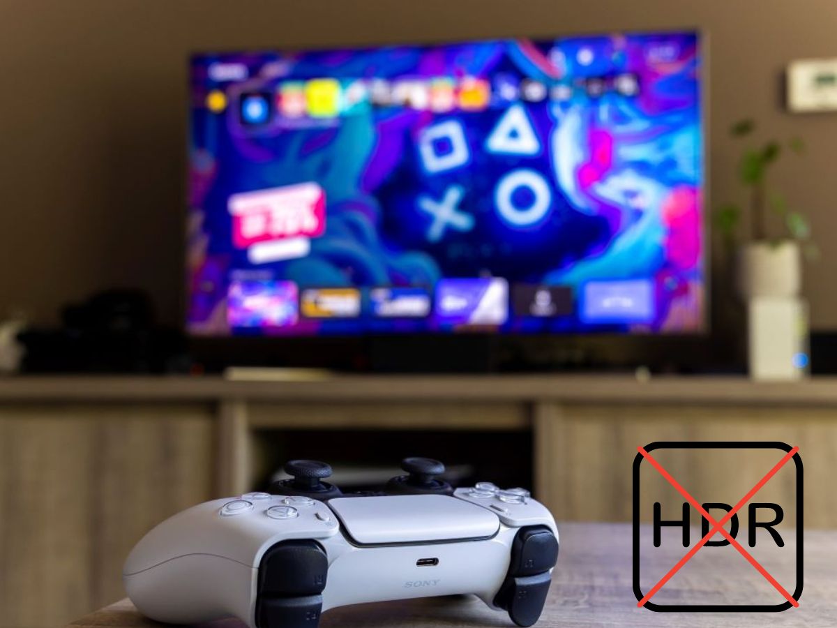 The HDR is being not allowed describe with a logo and the PS5 controller on the table while the TV showing PS5 main menu