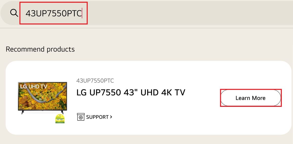 The LG TV model 43UP7550PTC from the website with a learn more button
