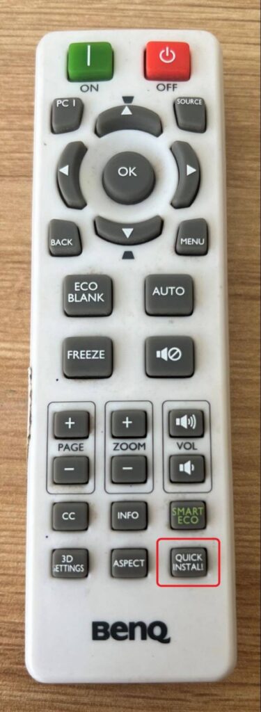 The Quick Install button on the BenQ projector remote