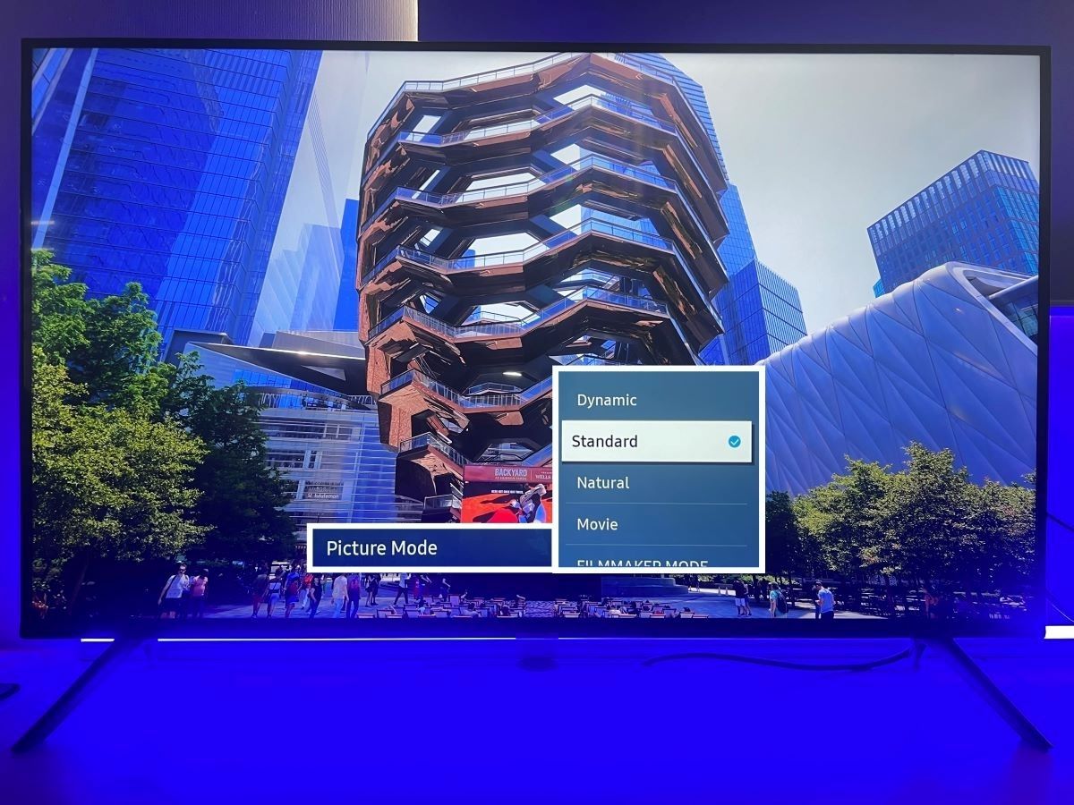 The Samsung TV showing a YouTube video with the picture mode settings on the screen