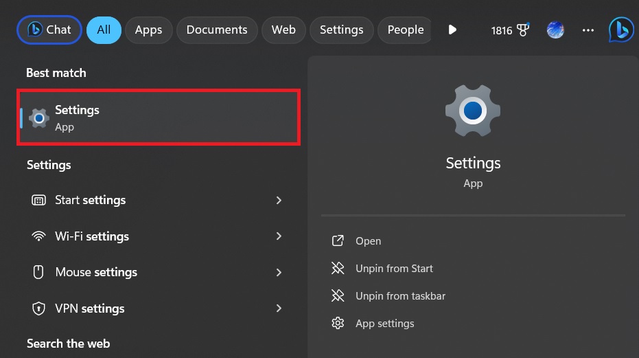The Settings feature from the control panel on Windows 11