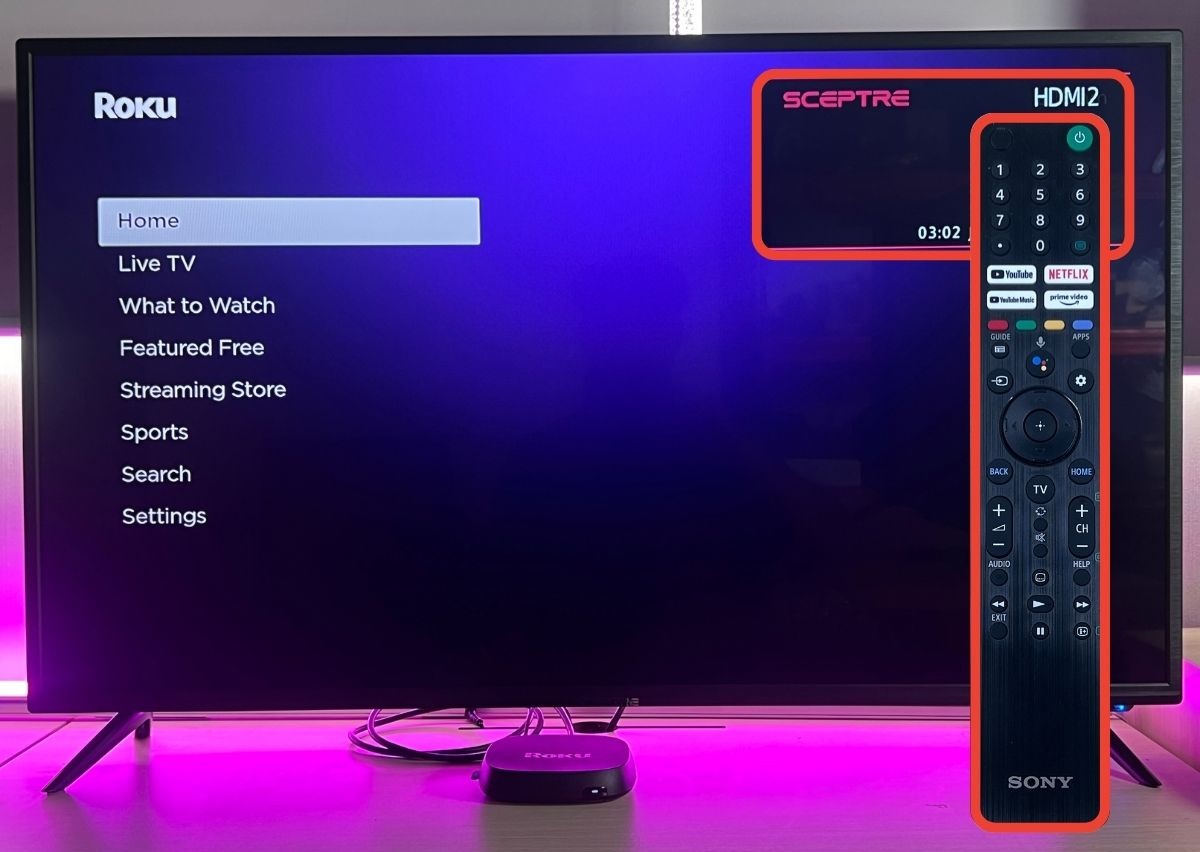 The Sony TV remote using on the Sceptre TV while playing Roku content