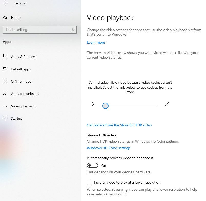The Video Playback feature from Apps settings on Windows 10