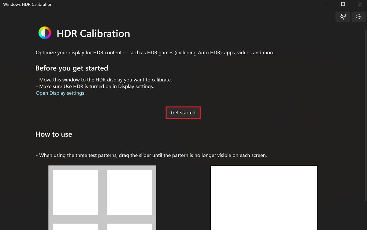 The Windows HDR Calibration's interface with the Get Started button is highlighted in red