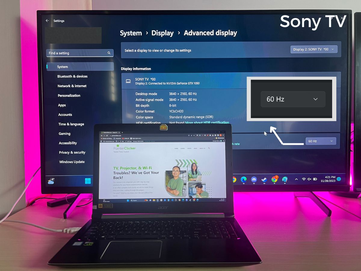 The advanced display on Windows showing the Sony TV specifications with an Asus laptop is placed in the front