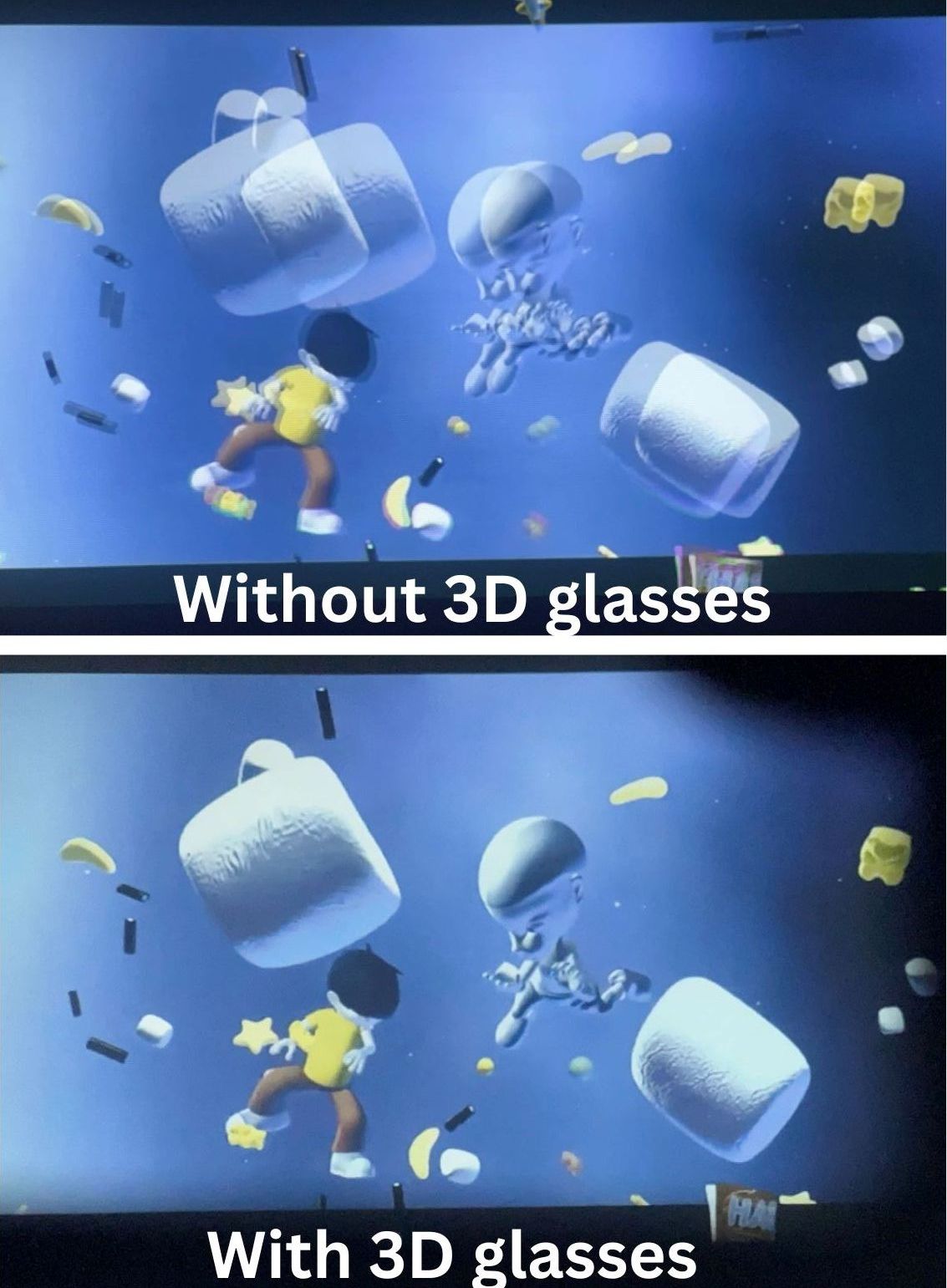 The comparison when watching 3D images with 3D glasses and without 3D glasses