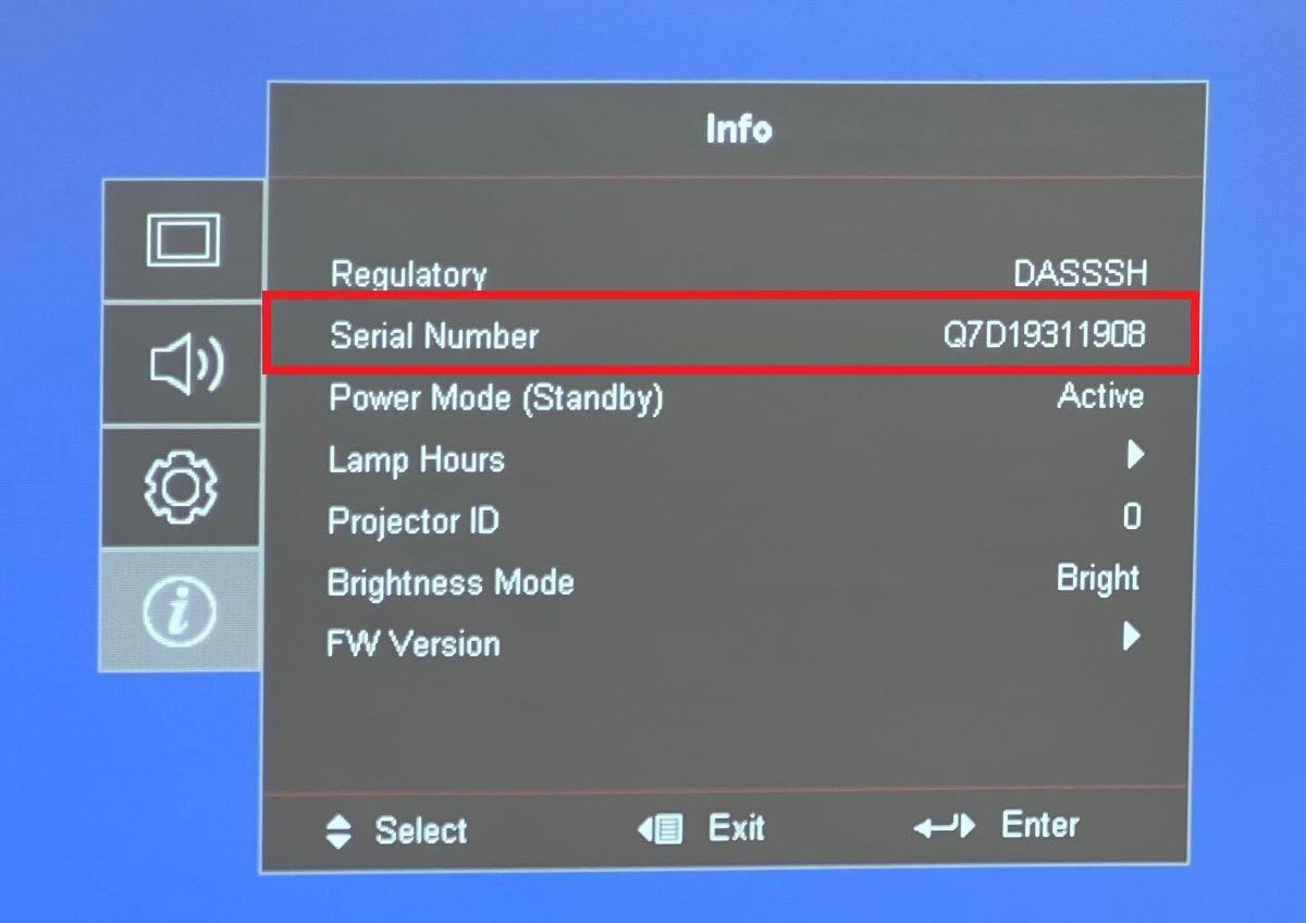 The info tab of the Optoma projector from the Settings menu and the Serial number of the Optoma projector is highlighted
