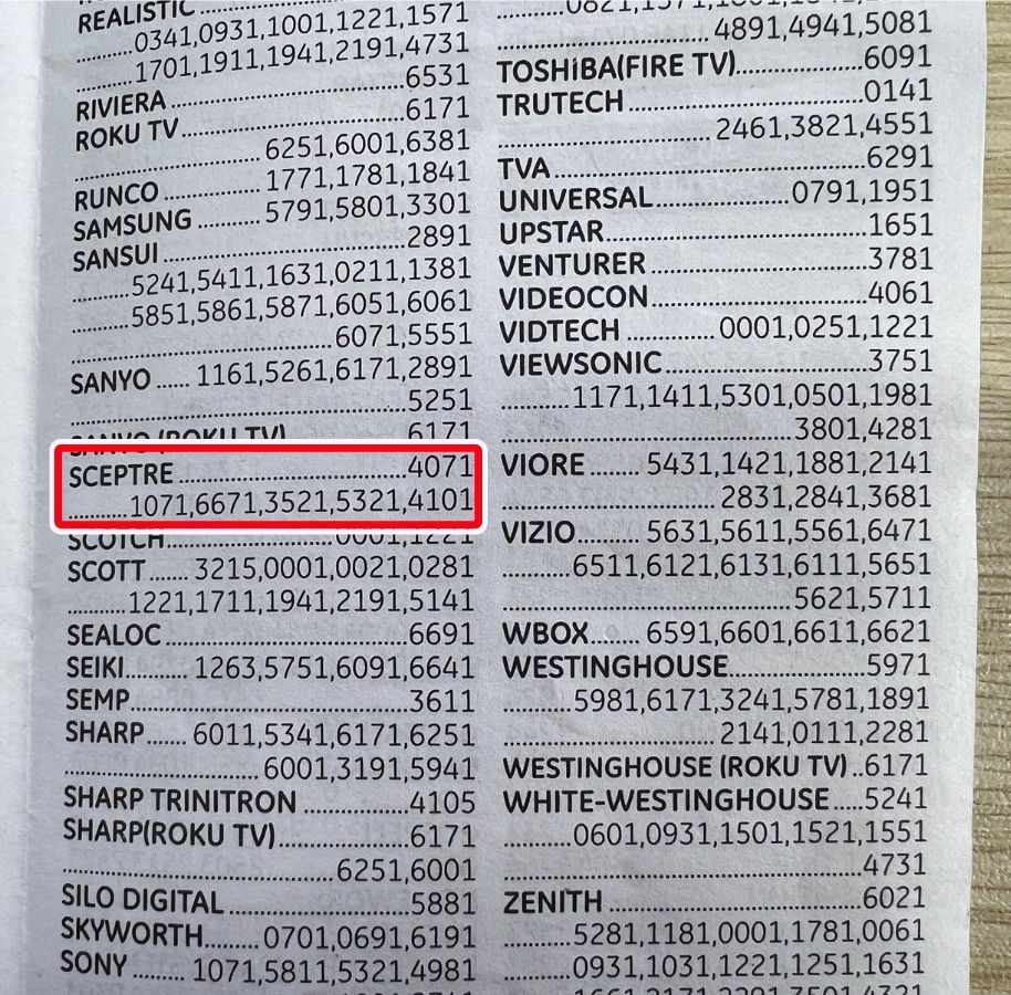 The list with the IR code for Sceptre TV from GE universal remote