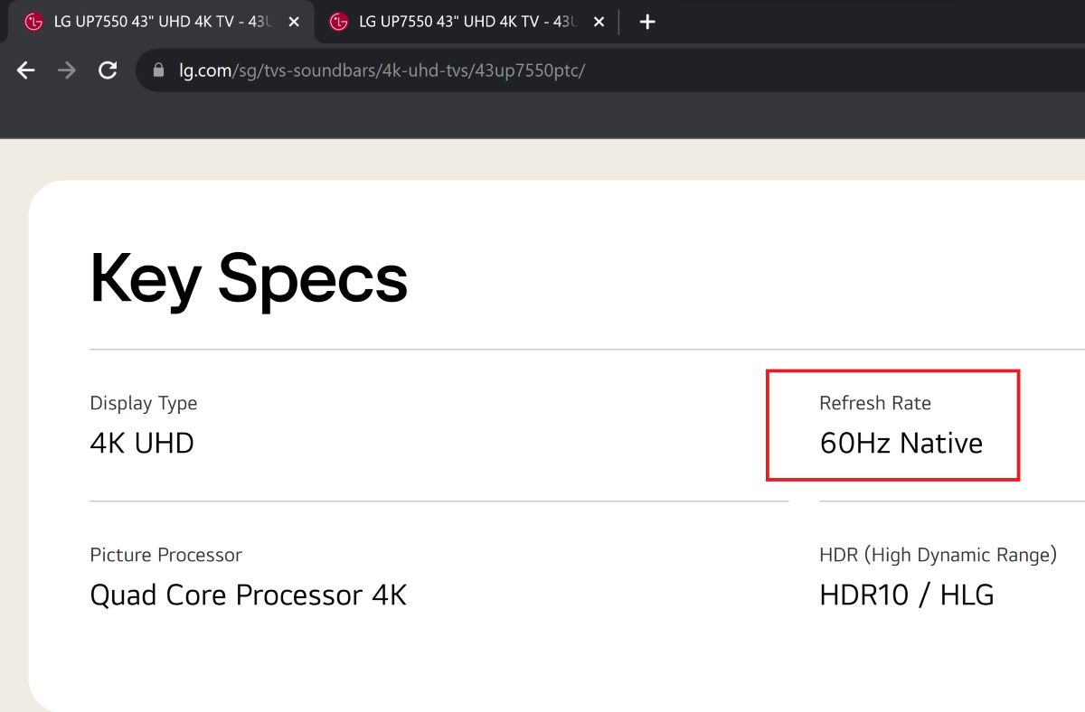 The native 60Hz refresh rate of the LG TV from the key specs on the website