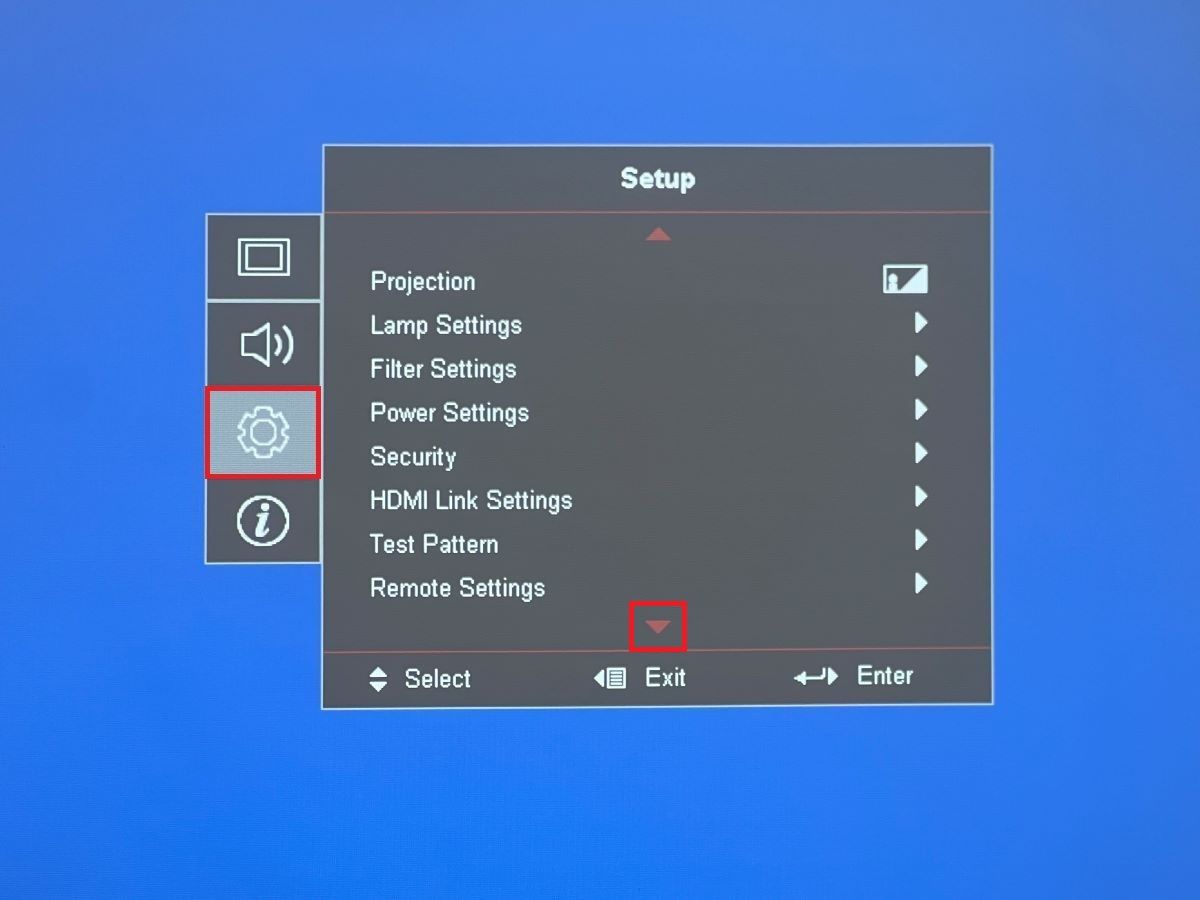 The setup menu of the Optoma projector