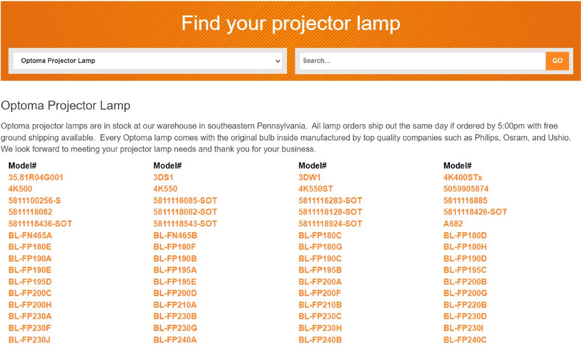 The website has all of the projector components to find for Optoma projectors