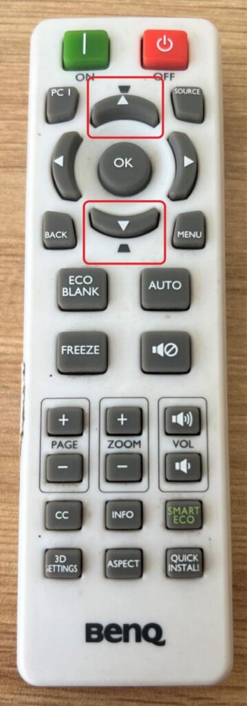 Up and Down navigation buttons on the BenQ projector remote