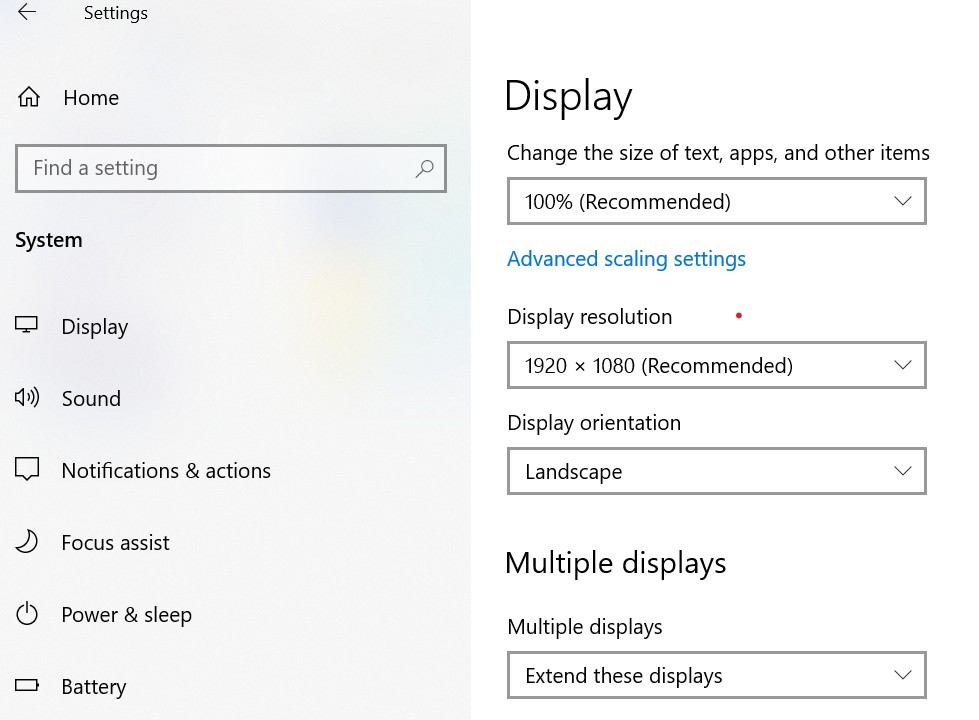 Windows display setting page