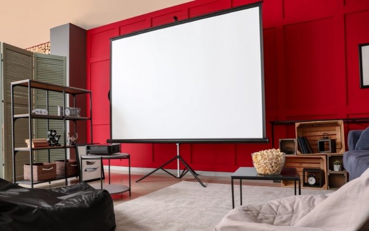 a big projector screen in a room