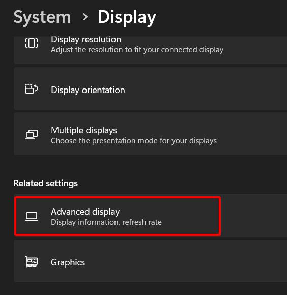 advanced display is highlighted in display menu